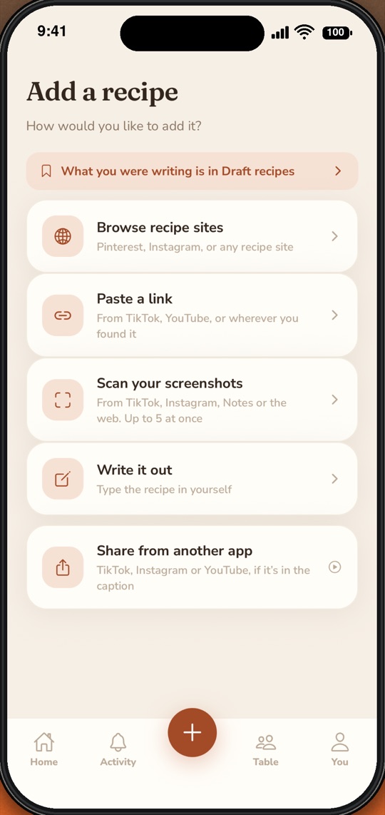 The Add a recipe screen, offering Browse recipe sites, Paste a link, Scan your screenshots, Write it out, and Share from another app.