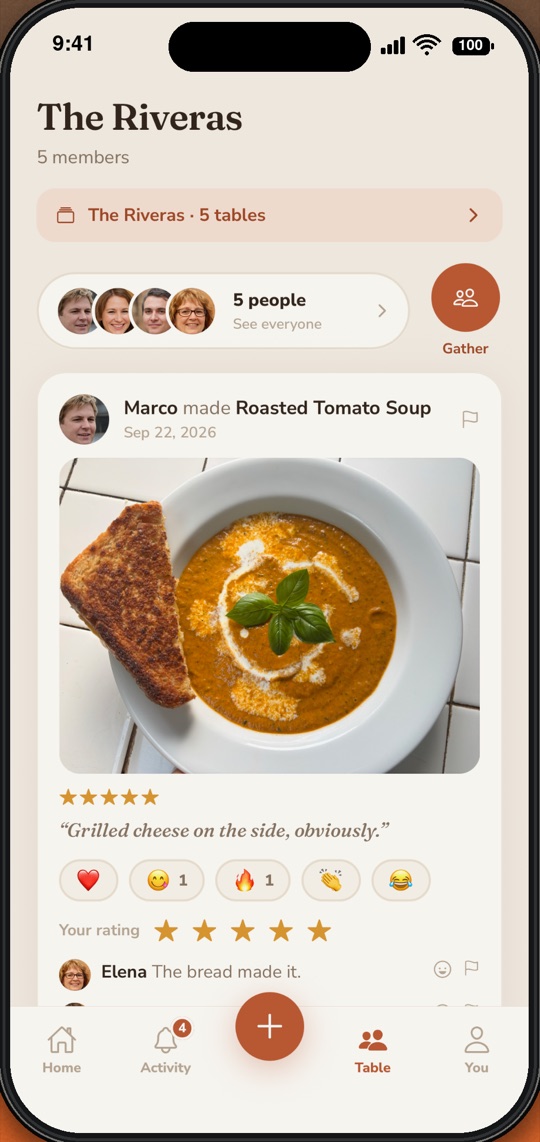 The Riveras table: five members, and a meal Marco cooked: roasted tomato soup with five stars, a note reading “Grilled cheese on the side, obviously”, emoji reactions and a comment from Elena.